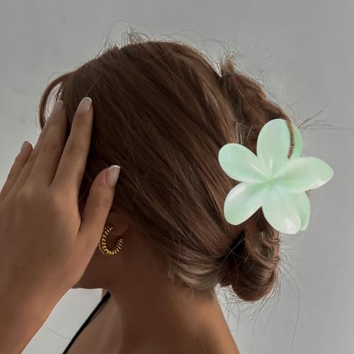 Flower Hair Clips for Women Claw Clips Summer Beaches Fashion Hair Accessories Light Cyan Plumeria with Marble Design Barrettes Hold Hair in Place for Thick Thin Hair(3Pcs: 1 Large 2 Small) - color: Light Cyan