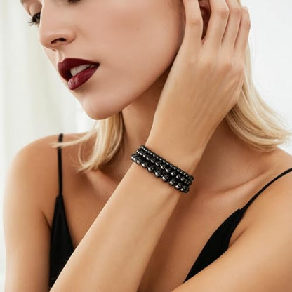 Crystal Beaded Bracelets for Women 4mm Clear Quartz Bead Handmade Gemstone Stretch Elastic Bracelet Natural Stone Crystal Healing Reiki Spiritual Jewelry Gifts - color: Black Obsidian, size: 8mm
