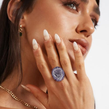HZMAN Natural Stone Statement Ring for Women, Crystal Paved Bold Cocktail Ring, Adjustable Gold Tone Fashion Jewelry - color: Amethyst Druzy Stone