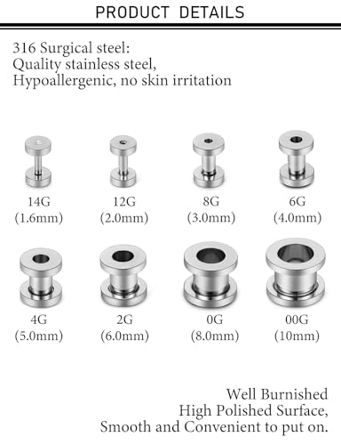 14G-00G Hollow Gauges Tunnels Stretching Kit 316L Surgical Steel Ear Gauges Plugs Earring Lobe flesh Tunnel Gauge Stretcher Silver Black Gold Color Tone - color: Silver:14G-00G