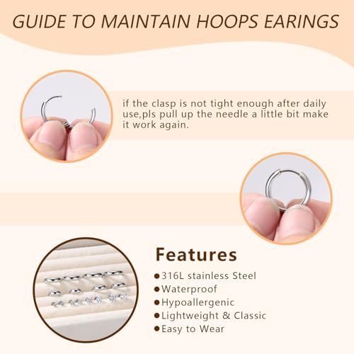 Small Hoop Earrings for Women, Stainless Steel Huggie Hoop earrings, 18G | 2/4/6 Pairs, 6mm/8mm/12mm Small Hoop Earrings, Lobe Helix Conch Tragus Daith Rook Cartilage Piercing Jewelry,Gold Silver - color: Silver-6 pairs Hoop Earrings-8mm
