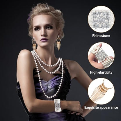 1920s Pearl Jewelry Set - Long Pearl Necklace, Earring Set, Multilayer Bracelet - Flapper Accessories for Women - color: Charming
