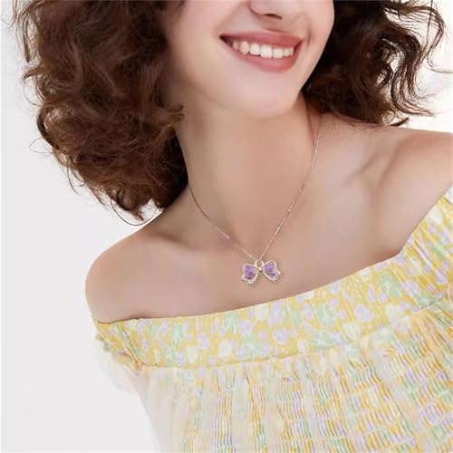 MALOYANVE 4PCS Bow Necklace Earrings Bracelet Ring Set for Women Elegant Bowknot - Adorned Pearl Jewelry Silk Ribbon Necklace Bracelet and Earrings for Christmas - style: Purple Bow