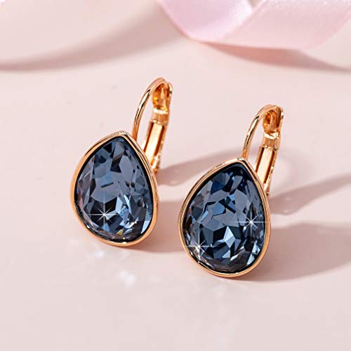 Austrian Crystal Teardrop Leverback Drop Earrings for Women | 14K Gold-Plated Finish, Sparkling Pear Stone, Smooth Bezel Frame, Secure Leverback Closure, Dainty Day-To-Evening Style - color: Denim Blue