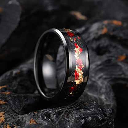King Will Mens Wedding Band with Foils Inlay, Black/Silver/Gold Beveled Edge Glowstone Ring, 6mm/8mm Tungsten Carbide Rings Comfort Fit - color: Black&Red+Gold-8mm