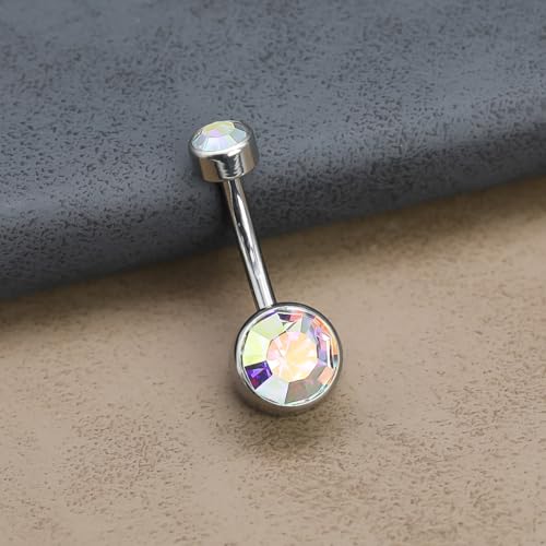 Titanium Floating Belly Button Rings 14G, ASTM F136 Implant-Grade Curved Barbell, Internal Thread with 6mm Teardrop Gems, Sparkle Navel Piercing Jewelry, 10mm/12mm Length - color: Silver-AB, size: 3/8"(10mm)
