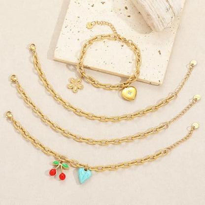 10 PCS Bracelets for Women Stainless Steel Chain Link Bracelet Set | 6.7 Inches with Extender, Jewelry Gifts for DIY, Chains Bulk, Oval, Curb, Figaro Chains, 18K Gold Plated, Silver, Chunky - color: Oval Gold