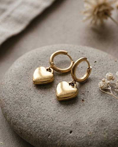 14k Gold Plated Heart Hoop Earrings for Women Heart Drop Huggie Earring Hoops with Charms for Love Gift