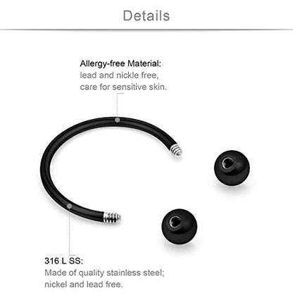 SCERRING 10PCS 20G Stainless Steel Horseshoe Septum Ring Nose Rings Hoop Helix Daith Cartilage Tragus Earrings Eyebrow Body Piercing Jewelry 6-14mm - color: Black