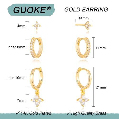 3 Pairs Earring Stacks, Gold Earring Set Jewelry Gift for Women | Small, 14K Gold/White Gold/Black/Rose Gold Plated, Hypoallergenic, Her, Everday, Stackable, Simple, 3 Holes - color: Gold-Four Leaf