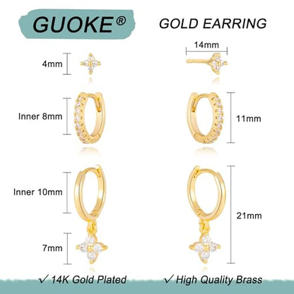 3 Pairs Earring Stacks, Gold Earring Set Jewelry Gift for Women | Small, 14K Gold/White Gold/Black/Rose Gold Plated, Hypoallergenic, Her, Everday, Stackable, Simple, 3 Holes - color: Gold-Four Leaf