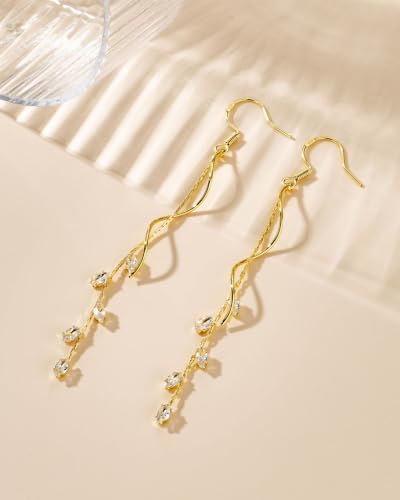 Dangle Earrings for Women - 14K Gold/White Gold/Rose Gold Plated Butterfly Heart Star Hoop Chain Long Tassel Cubic Zirconia CZ Dangle Earrings - color: gold twist fish hook