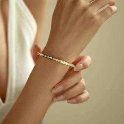 Gold Bracelets for Women, 18K Gold Plated Cubic Zirconia Bangle Bracelets Stainless Steel Eternity Crystal Oval Bracelet Cuff Bracelets for Women Jewelry - color: Half CZ Bangle-Gold
