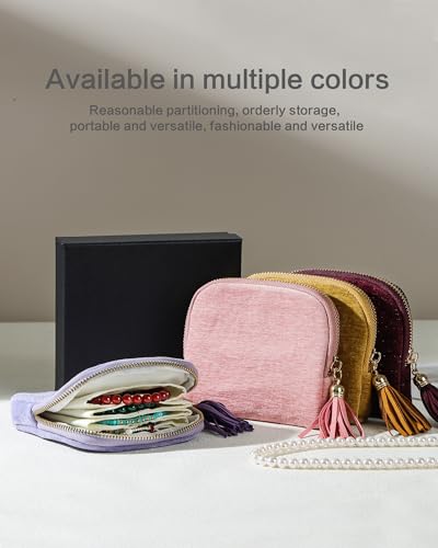 Travel Jewelry Pouch, 5-Layer Velvet Pouch, Light Purple | Anti-Scratch, Tangle-Free, Bracelets Earrings Necklaces, YKK Zipper Tassel, Chenille Velvet, Travel Jewelry Case, Gift - color: Light Purple
