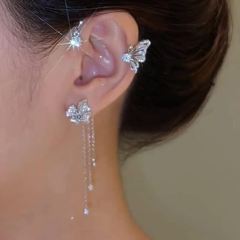 2 Pairs Dainty Silver Butterfly Ear Cuffs & Wraps for Women Non Piercing Bling Butterfly Tassel Style Zircon Earrings Ear Clips Bridal Wedding Jewelry - color: Silver-E