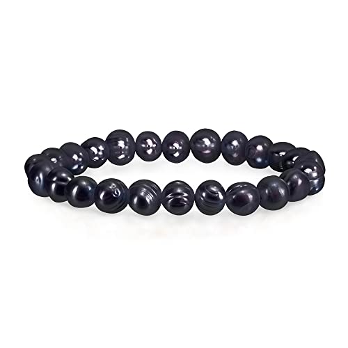 Savlano 8-9MM Cultured Freshwater Baroque Pearl Stretch Bracelet 7 Inches. Available In a Range of Beautiful Colors, For Women Comes with Gift Box - color: Black