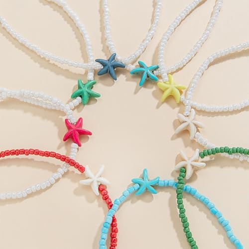 Seed Bead Choker Necklace for Women Bohemian Tiny Beads Choker Colorful Rice Bead Starfish Choker Summer Surfer Beach Necklace Jewelry Gift - color: H-White Starfish