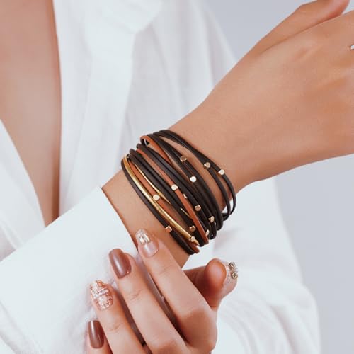 Boho Leather Wrap Bracelets Beaded Stackable Cuff Bracelet Country Concert Outfits Cowboy Cowgirl Western Jewelry Gifts for Women - color: Bead-Brown