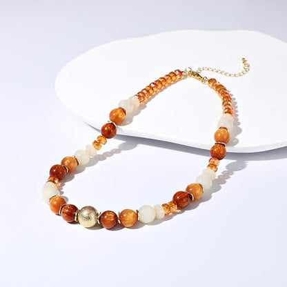 RISHEGAE Chunky Beaded Necklace for Women Boho Resin Beaded Choker Necklace Adjustable Surfer Beach Strand Necklaces Gold Handmade Acrylic Beads Jewelry Gift for Women - color: Style 2brown