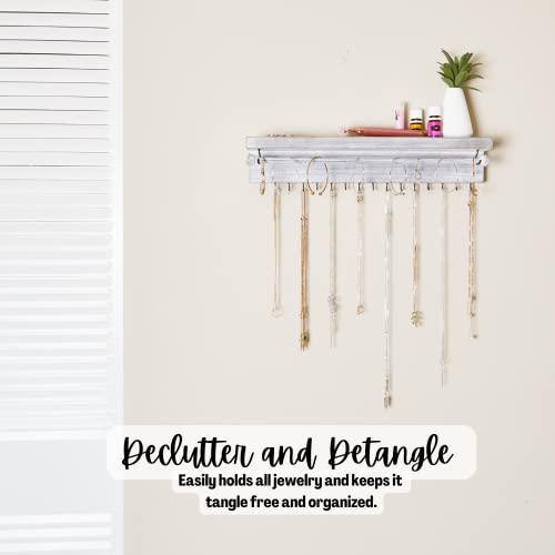 Rustic White Necklace Jewelry Organizer - Wall Mount Jewelry Holder - Mounted Hanging Jewelry Storage Hooks for Necklace, Earrings, and Rings - Farmhouse Wood Decor Bedroom Boho Shelf Rack - style: Rustic - Gray