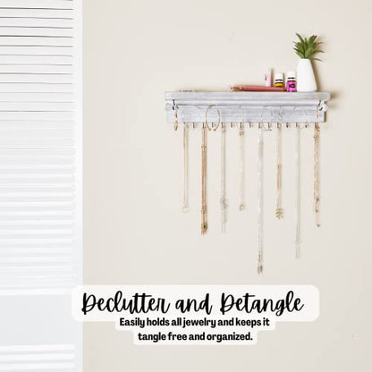 Rustic White Necklace Jewelry Organizer - Wall Mount Jewelry Holder - Mounted Hanging Jewelry Storage Hooks for Necklace, Earrings, and Rings - Farmhouse Wood Decor Bedroom Boho Shelf Rack - style: Rustic - Gray
