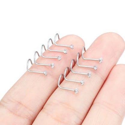Hoeudjo Nose Studs Surgical Steel Cubic Zirconia Nose Rings Kit for Women Men Tiny Nose Stud Bone & Screw & L Shaped Nostril Piercing Jewelry 24/22/20/18 Gauge 10 Pieces - color: silver-tone,screw nose studs, size: 22g/1.5mm clear CZ
