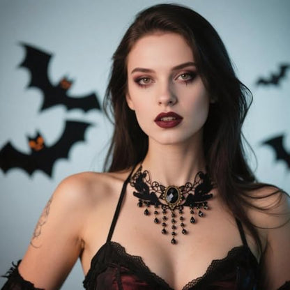 Goth Black Choker Necklace Crystal Bead Pendant Necklace for Women Gothic Velvet Lace Choker Halloween Vampire Witch Cosplay - color: G-Black