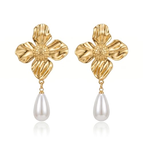 Chunky Gold Plated Flower Statement Drop Earrings for Women | Hypoallergenic 18K Gold Plated Textured Petal Wing, Large Statement Dangle Earrings for Wedding Party - color: Four Petals Pearl