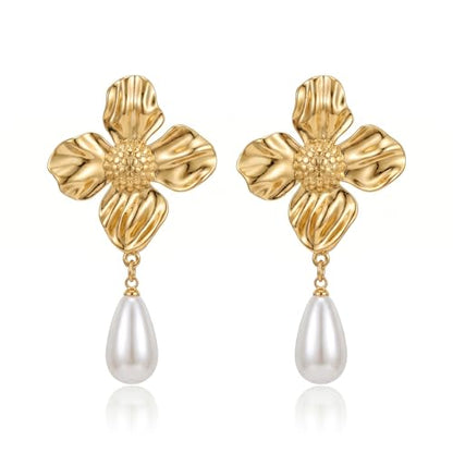 Chunky Gold Plated Flower Statement Drop Earrings for Women | Hypoallergenic 18K Gold Plated Textured Petal Wing, Large Statement Dangle Earrings for Wedding Party - color: Four Petals Pearl