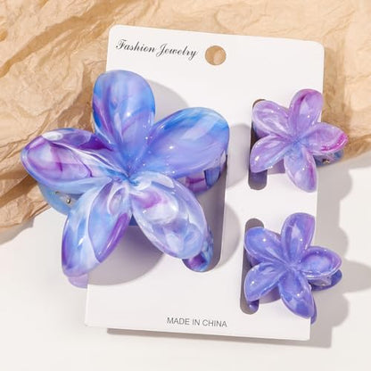 Flower Hair Clips for Women Girls Claw Clips Set Blue-Purple Plumeria with Marble Design Barrettes Summer Hair Clip Fashion Hair Styling Accessories for Thick Thin Hair(3Pcs:1 Large 2 Small) - color: Blue-Purple