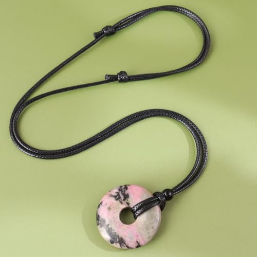 Anjiucc Natural Gemstone Pendant Necklce Lucky Coin Crystal Necklace Donut Pendnat with Adjustable Rope Healing Crystal for Men - color: Rhodonite