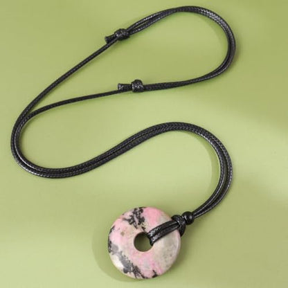 Anjiucc Natural Gemstone Pendant Necklce Lucky Coin Crystal Necklace Donut Pendnat with Adjustable Rope Healing Crystal for Men - color: Rhodonite