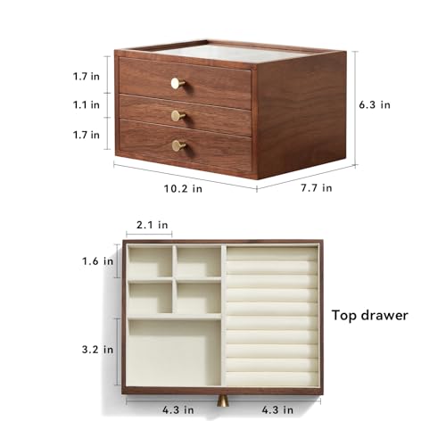 CHOSIN Black Walnut Jewelry Box Wood for Women with Glass Lid, 3 Layer | 2 Drawers, No Mirror, Unlocking, Transparent Glass Lid, Velvet Interior, Storage for Earrings, Rings, Bracelets, Gift for Her - style: 3 Layer