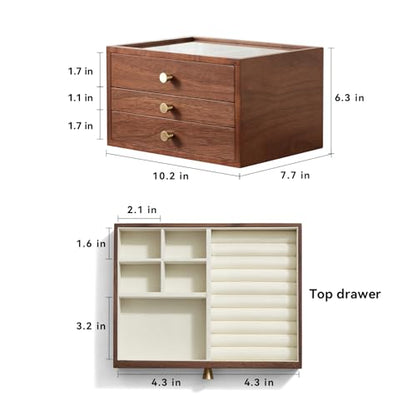 CHOSIN Black Walnut Jewelry Box Wood for Women with Glass Lid, 3 Layer | 2 Drawers, No Mirror, Unlocking, Transparent Glass Lid, Velvet Interior, Storage for Earrings, Rings, Bracelets, Gift for Her - style: 3 Layer