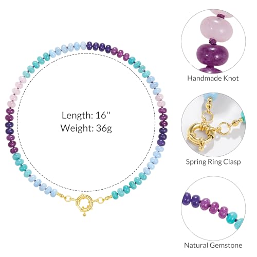 KissYan Beaded Gemstone Necklaces for Women | Colorful Bead Natural Stone Choker with 14K Gold Plated Spring Ring Clasp, Handmade Knot Jewelry for Summer Beach - color: U-Purple & Green