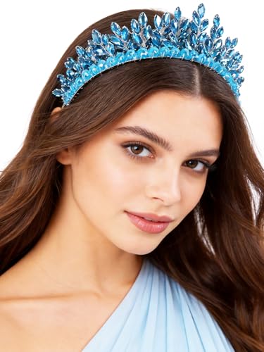 Bridal Rhinestone Headband Wedding Hair Accessories for Women, Pearl Crystal Headband Wedding Costume Headpieces for Brides Princess Quinceanera Christmas Party Prom Birthday(Light Blue) - color: Light Blue