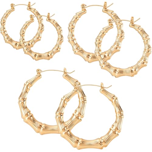 PAGOW 3 Pairs Large Bamboo Earrings, 14K Gold Plated Hoop Bamboo Earrings | Round Hoop Y2K Earrings, Hypoallergenic 80s 90s Shiny Hip Hop Earring Hoops for Women Jewelry Party - 3 Sizes - color: gold,hoop 3 sizes