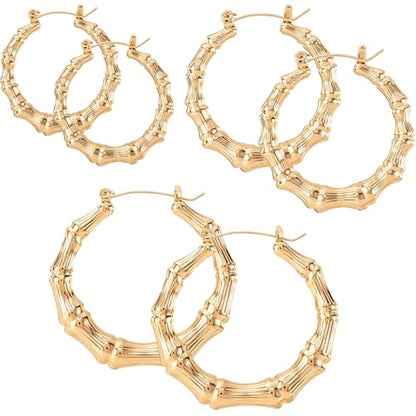 PAGOW 3 Pairs Large Bamboo Earrings, 14K Gold Plated Hoop Bamboo Earrings | Round Hoop Y2K Earrings, Hypoallergenic 80s 90s Shiny Hip Hop Earring Hoops for Women Jewelry Party - 3 Sizes - color: gold,hoop 3 sizes