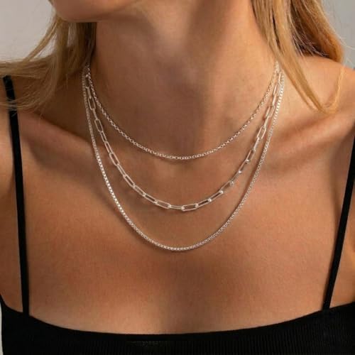 Freekiss Layered Necklace Set for Women Stackable | Herringbone Snake Cuban Rope Chain, Dainty Choker, Layered Stackable, Non Tarnish, Hypoallergenic, Adjustable 14-18.5" - color: Silver, style: Paperclip+O Chain+Box Chain