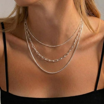 Freekiss Layered Necklace Set for Women Stackable | Herringbone Snake Cuban Rope Chain, Dainty Choker, Layered Stackable, Non Tarnish, Hypoallergenic, Adjustable 14-18.5" - color: Silver, style: Paperclip+O Chain+Box Chain