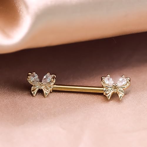 VERAMI 14G Stainless Steel Heart Nipple Rings and Barbell - Butterfly, Starlight Acrylic Ball, Tongue Rings for Women and Men - color: Gold butterfly