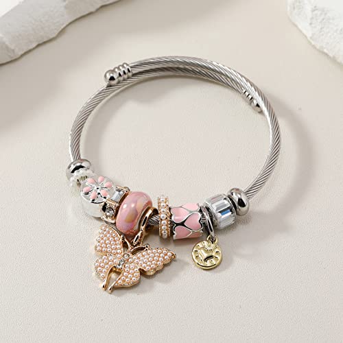 DS Charm Bracelets for girls,exquisite cute cartoon friendship bracelets Silver Stainless Steel Bangle with birthday Gift box, Adjustable girls jewelry Suitable for holiday gifts - style: Silver-pink butterfly2