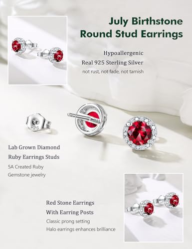 Dainty Birthstone Earrings for Women Sterling Silver Small Stud Earrings with Halo Cushion/Round Created Gemstone Earrings Birthstone Jewelry - style: B 07. July/created ruby-round cut