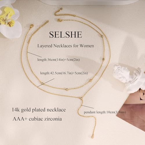 Layered Necklaces for Women,Dainty 14K Gold Plated Long Lariat Necklace Stack Simple Chain Pendant Necklace Fashion Accessories Long Necklaces for Women Trendy Gold Jewelry - color: Double CZ