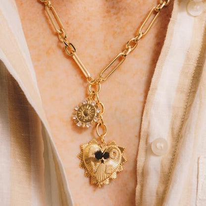 Chunky Gold Necklace for Women, 18K Waterproof Heart Necklace Statement Necklace Gold Charm Necklace Chunky Jewelry Paperclip Chain Choker Gift for Women - style: LOVE Coin Heart