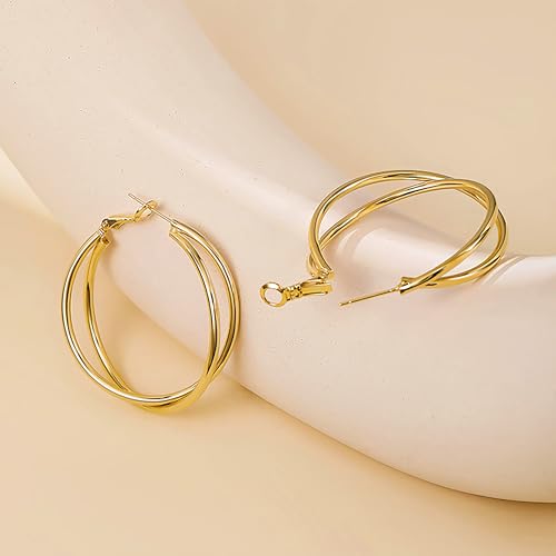 18K Gold Plated Crossover Double Hoop Earrings, 40mm Big Hoops | 925 Sterling Silver Post, Criss Cross X-Shape Loop, Lightweight Chunky Stackable, Everyday Trendy Statement Jewelry for Women - color: Gold