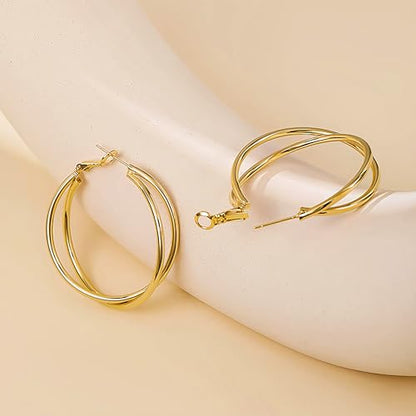 18K Gold Plated Crossover Double Hoop Earrings, 40mm Big Hoops | 925 Sterling Silver Post, Criss Cross X-Shape Loop, Lightweight Chunky Stackable, Everyday Trendy Statement Jewelry for Women - color: Gold