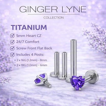 Titanium Heart CZ Labret Stud Earrings for Piercings by Ginger Lyne 6Pc Set G23 Screw Front Flat Back Body Jewelry 2 pair post 6mm, 8mm Cartilage, Helix, Tragus, Lip, Conch, Lobe - color: 5mm-DKPurple