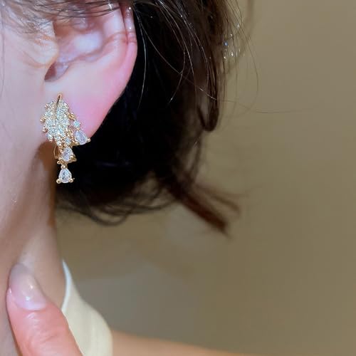 Crystal Leaf Tassel Teardrop Clip on Earrings for Women 14k Gold Plated Shiny Rhinestone Feather Shaped Dangle Drop Non-Piercing Earring Elegant Wedding Prom Anniversary Party Jewelry Gifts - color: Gold