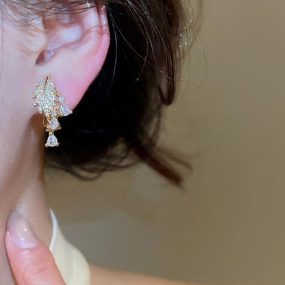 Crystal Leaf Tassel Teardrop Clip on Earrings for Women 14k Gold Plated Shiny Rhinestone Feather Shaped Dangle Drop Non-Piercing Earring Elegant Wedding Prom Anniversary Party Jewelry Gifts - color: Gold